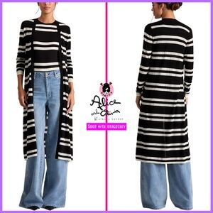 Alice + Olivia Callan Black Off White Striped Wool Maxi Cardigan Sweater